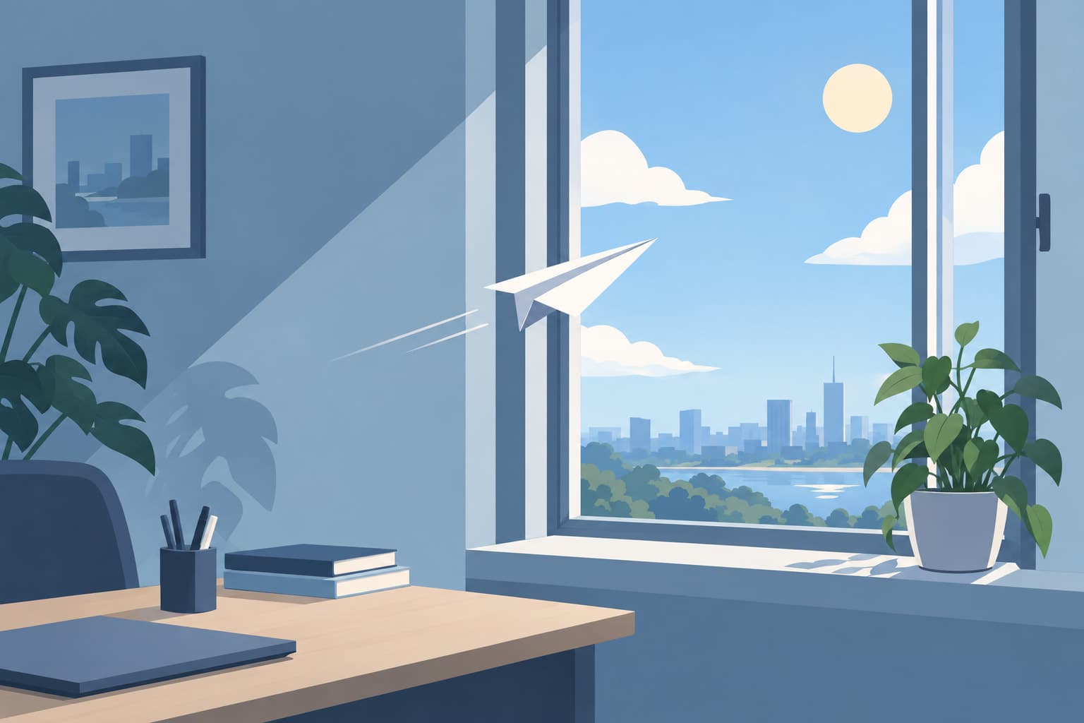 A paper airplane gliding toward an open office window on a sunny day