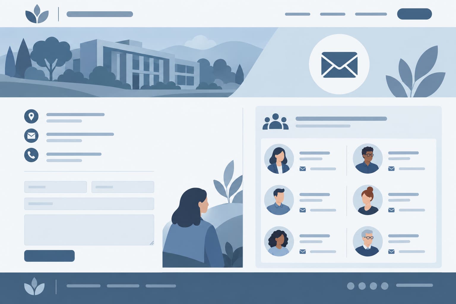 A website contact page with a staff directory panel and an email icon