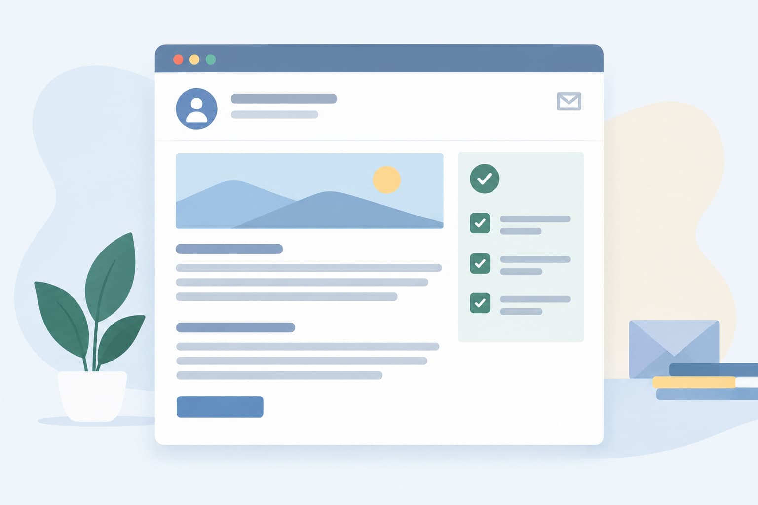 A short email layout with a header block and paragraph blocks beside a small checklist