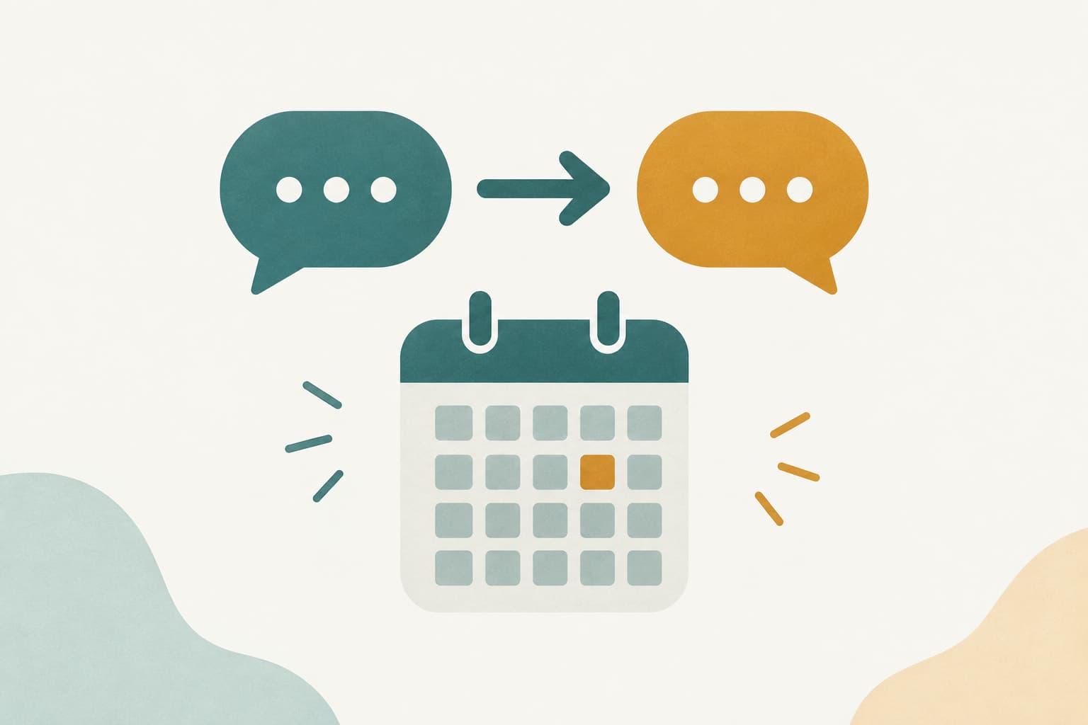 Two speech bubbles joined by a forward arrow above a calendar grid