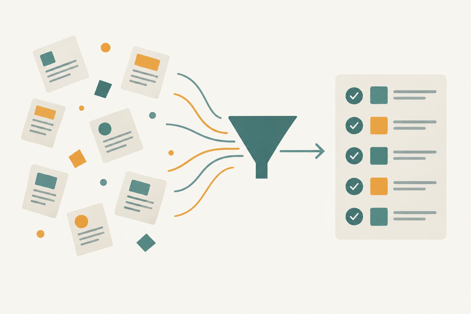 Scattered document cards funneling into one ordered list with check marks