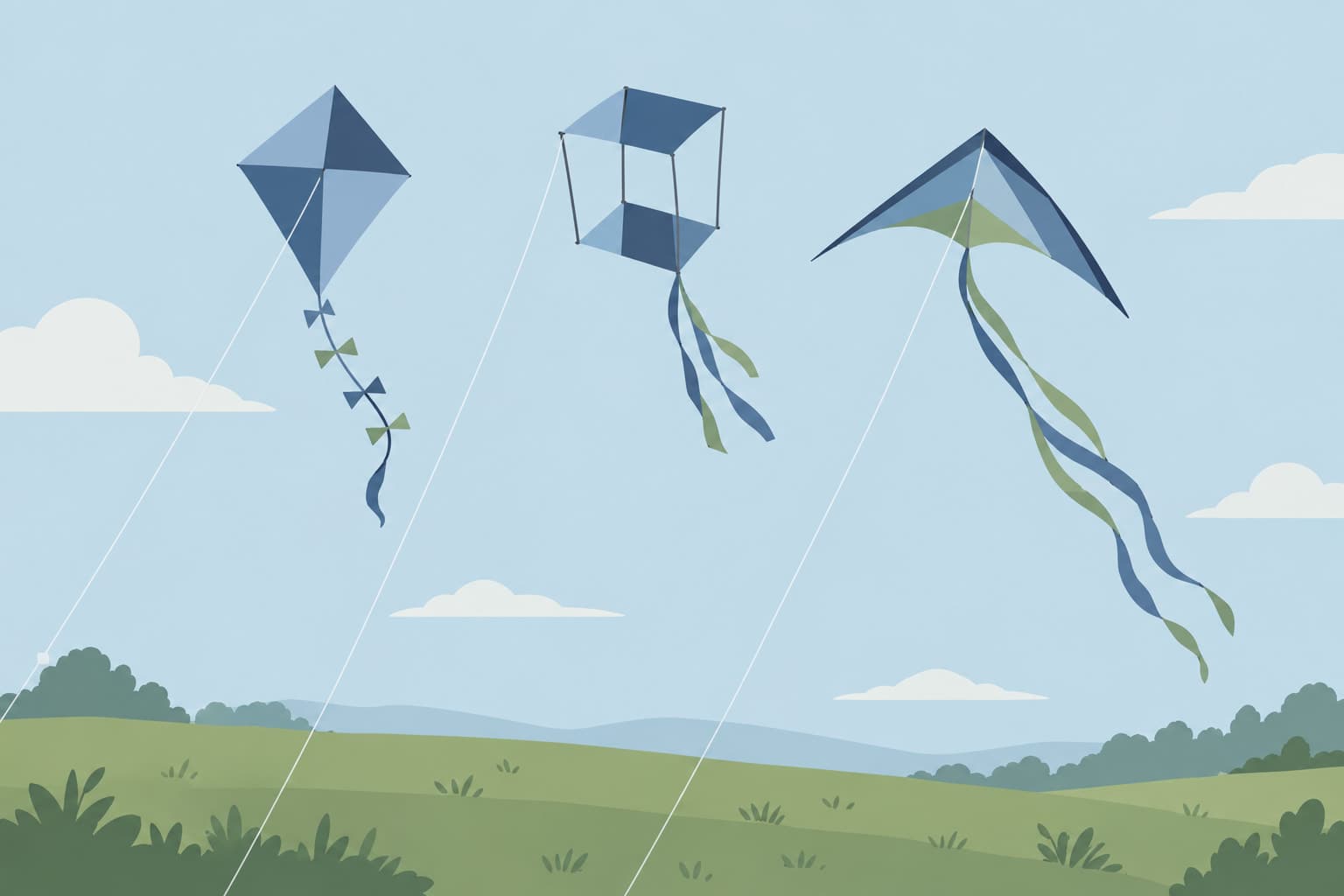 Three kites of different shapes flying side by side over a green hill