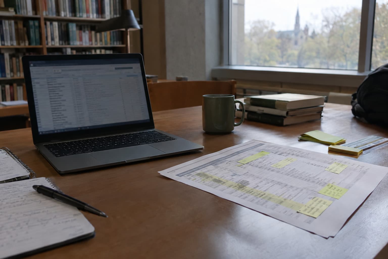 A library research desk with an open laptop, a printed list and sticky notes