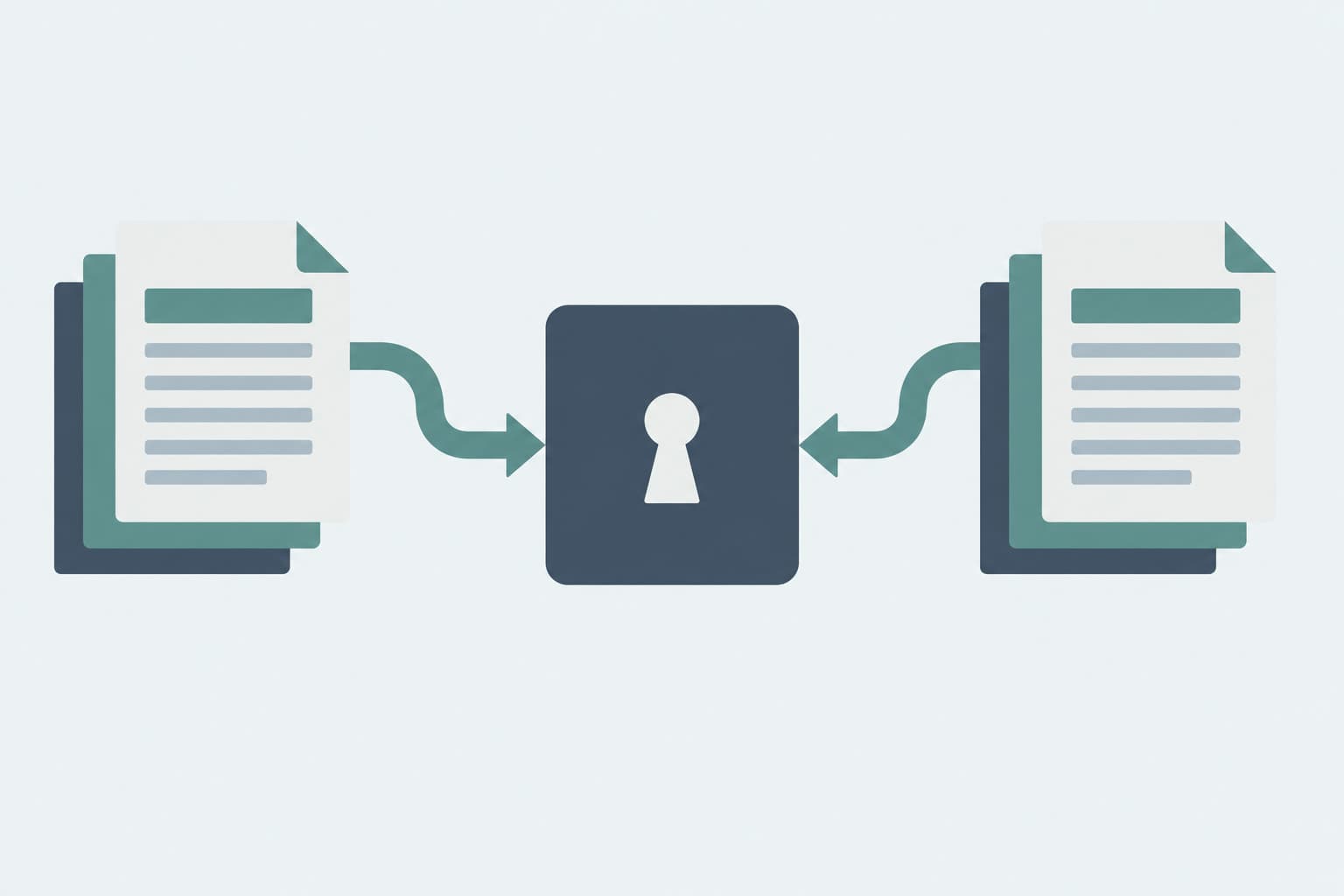 Two document stacks flowing into one card with a keyhole icon