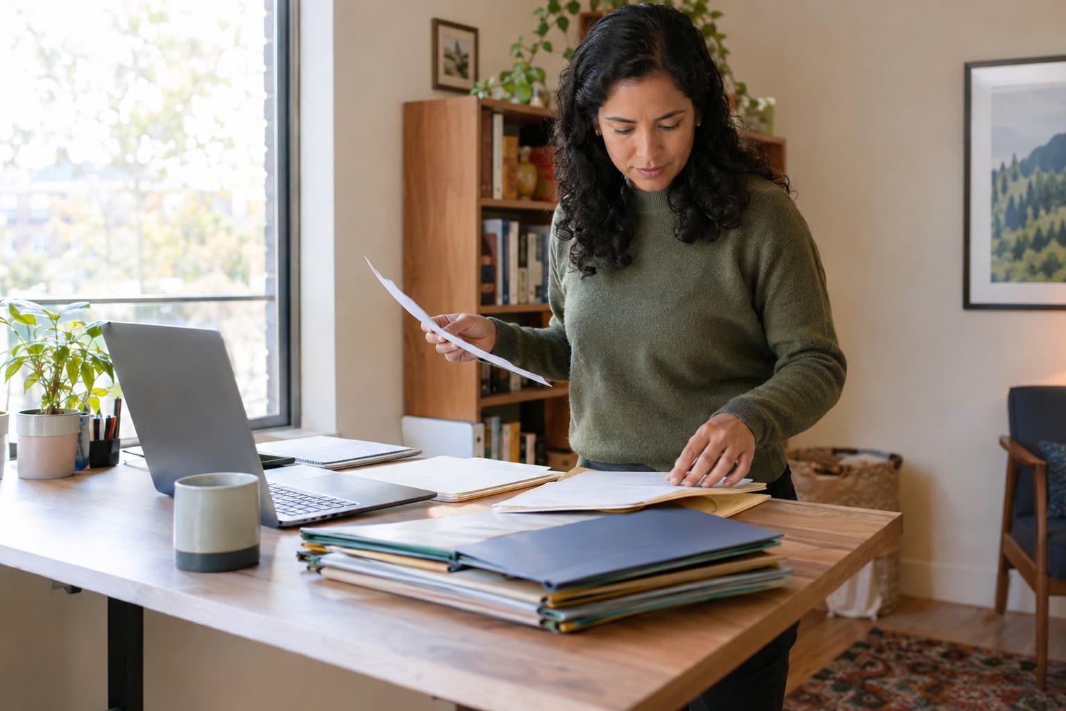 A researcher at a standing desk sorting printed notes into folders beside a laptop