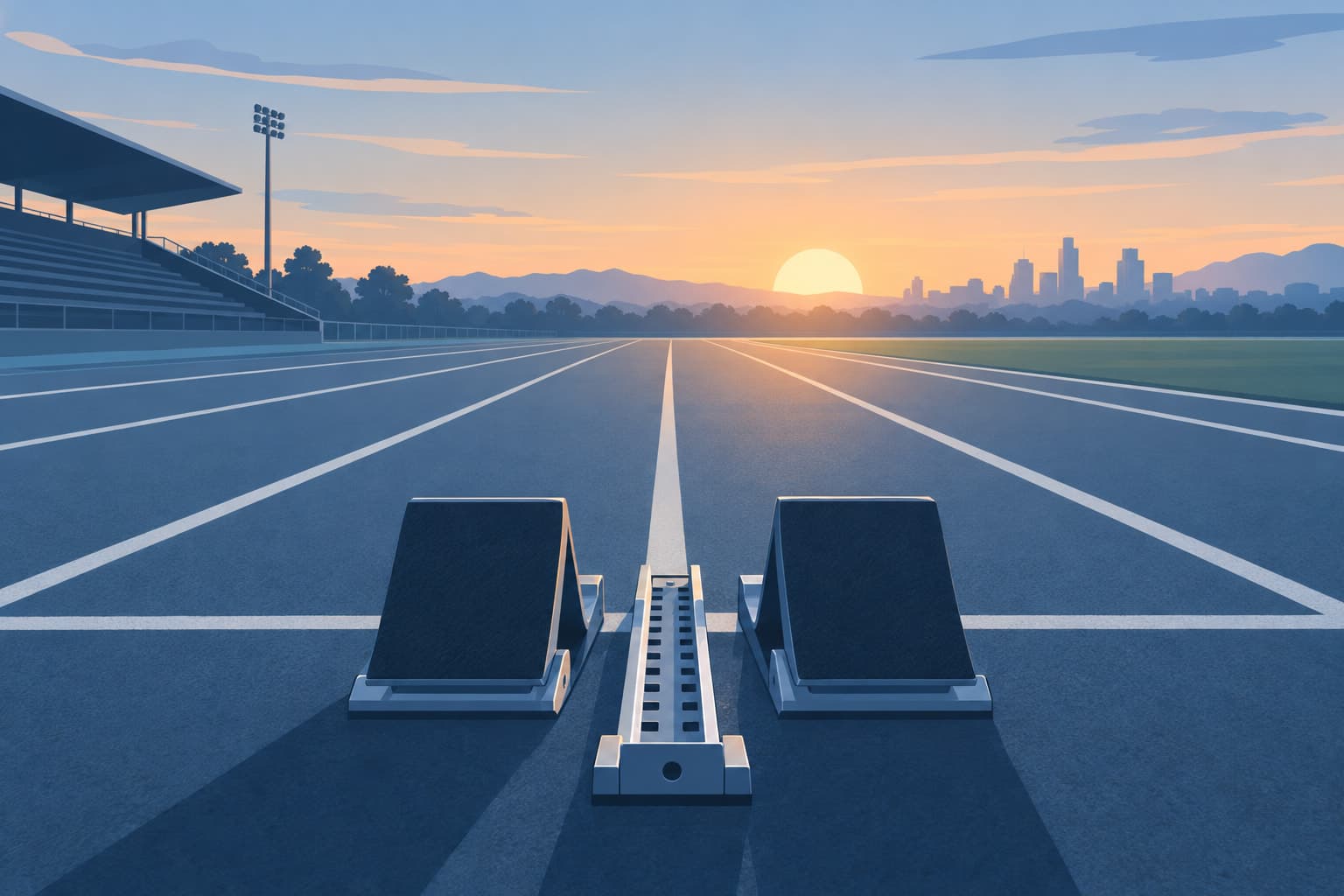 Starting blocks set on an empty running track at dawn