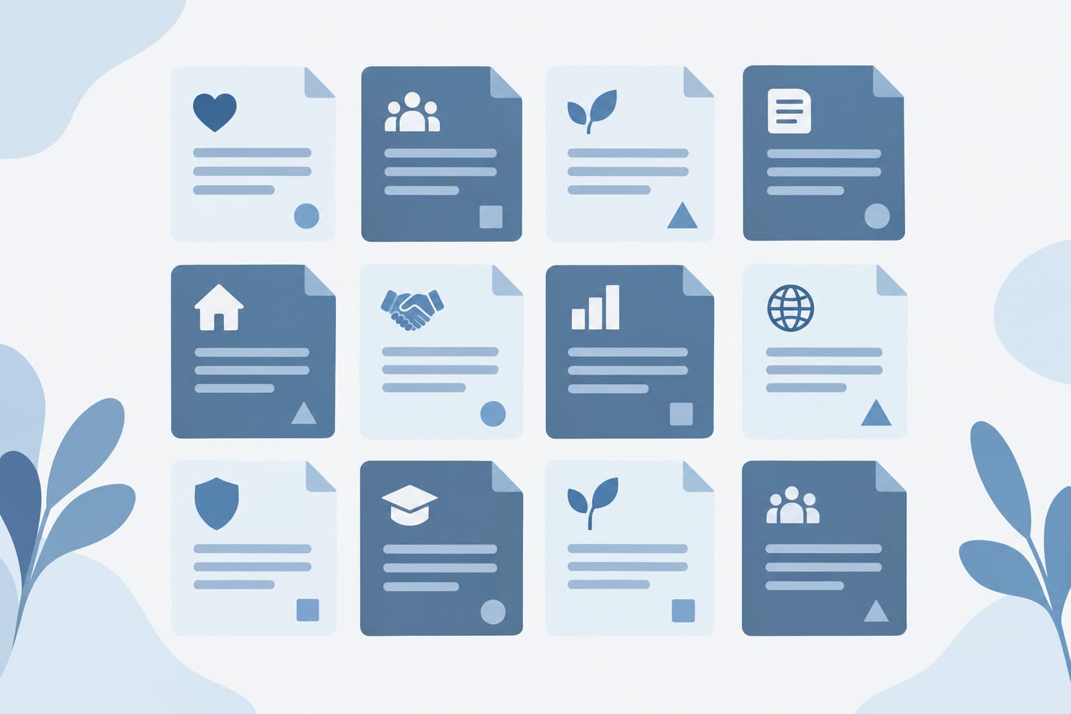 Grouped document cards arranged in rows with small icons