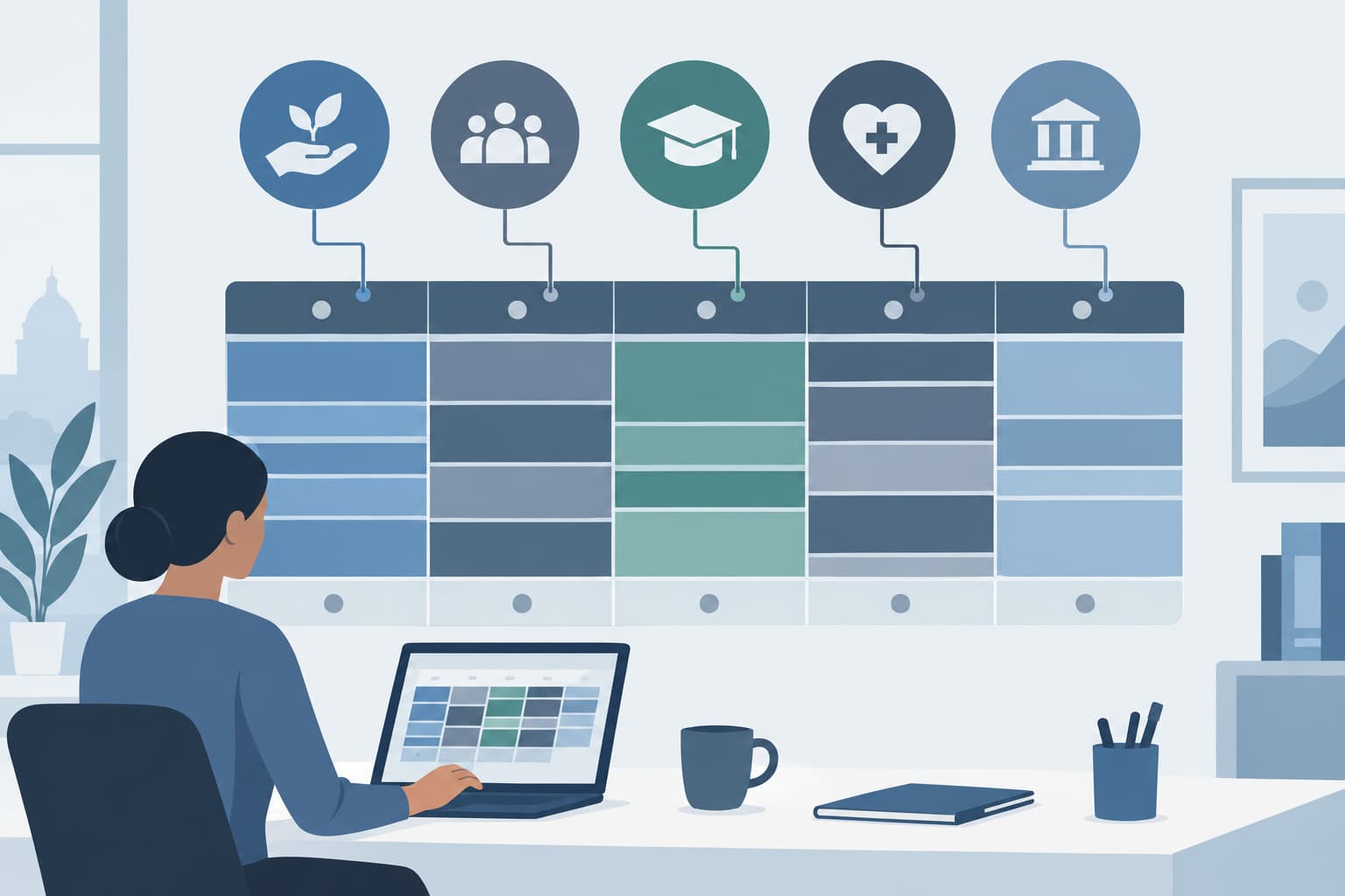 One workweek grid divided into colored blocks of different sizes