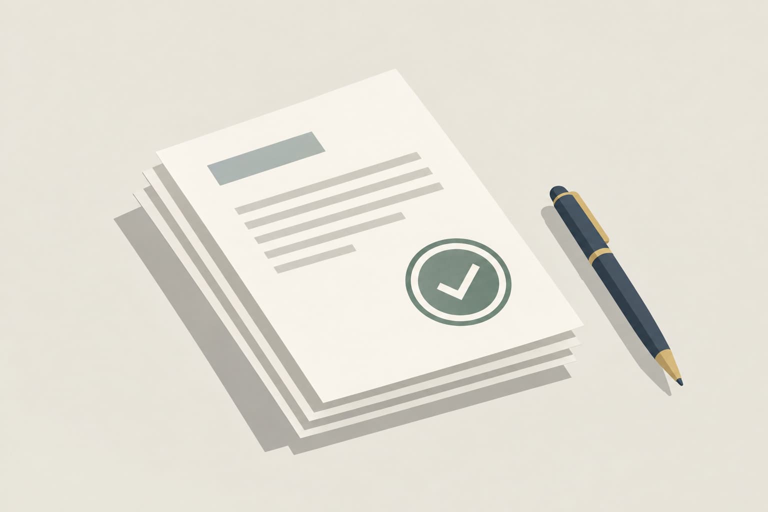 A small stack of pages with a round approval stamp and a pen beside it