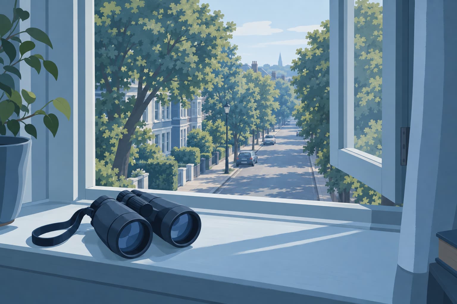 A pair of binoculars resting on a windowsill that overlooks a quiet street