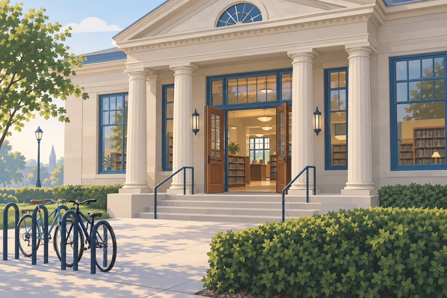 A public library's columned entrance with its doors open in the morning and a bicycle rack out front