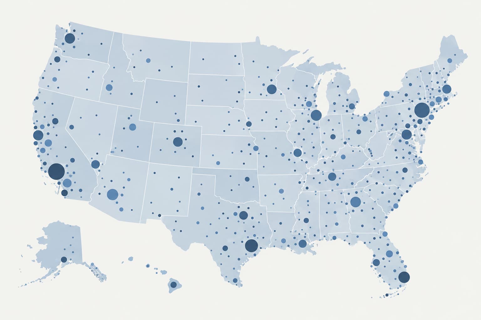 A map of the United States covered with small circular location markers