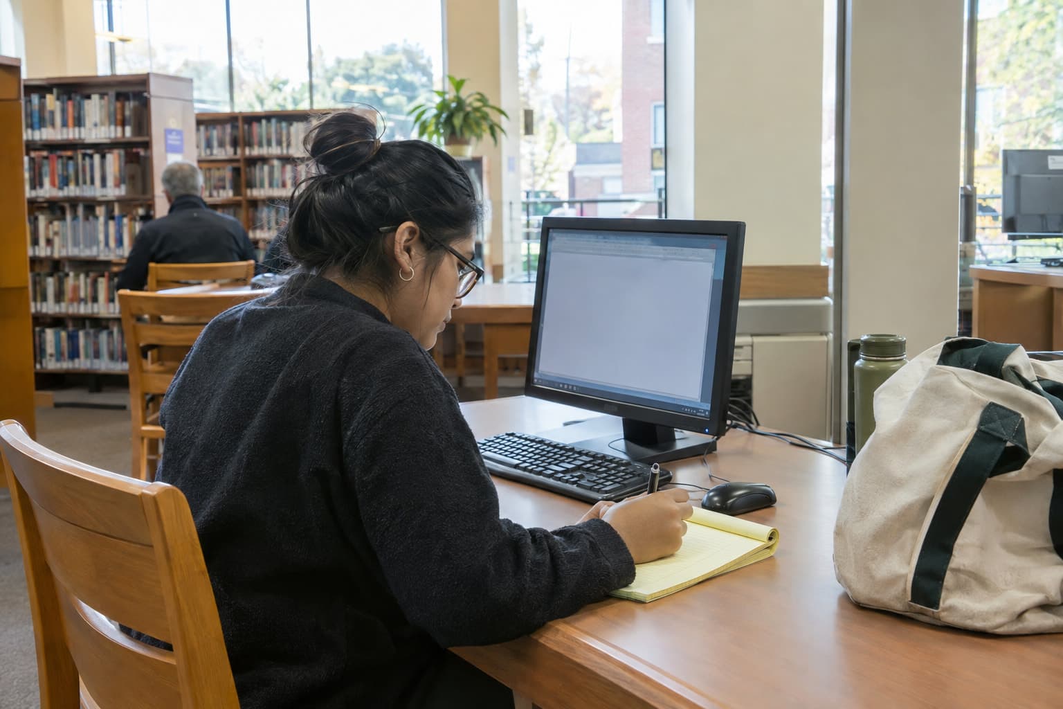 A person at a public library computer taking notes on a legal pad beside a tote bag