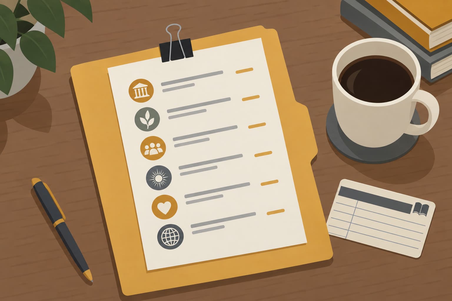 A short printed list clipped to a folder beside a coffee cup and a library card