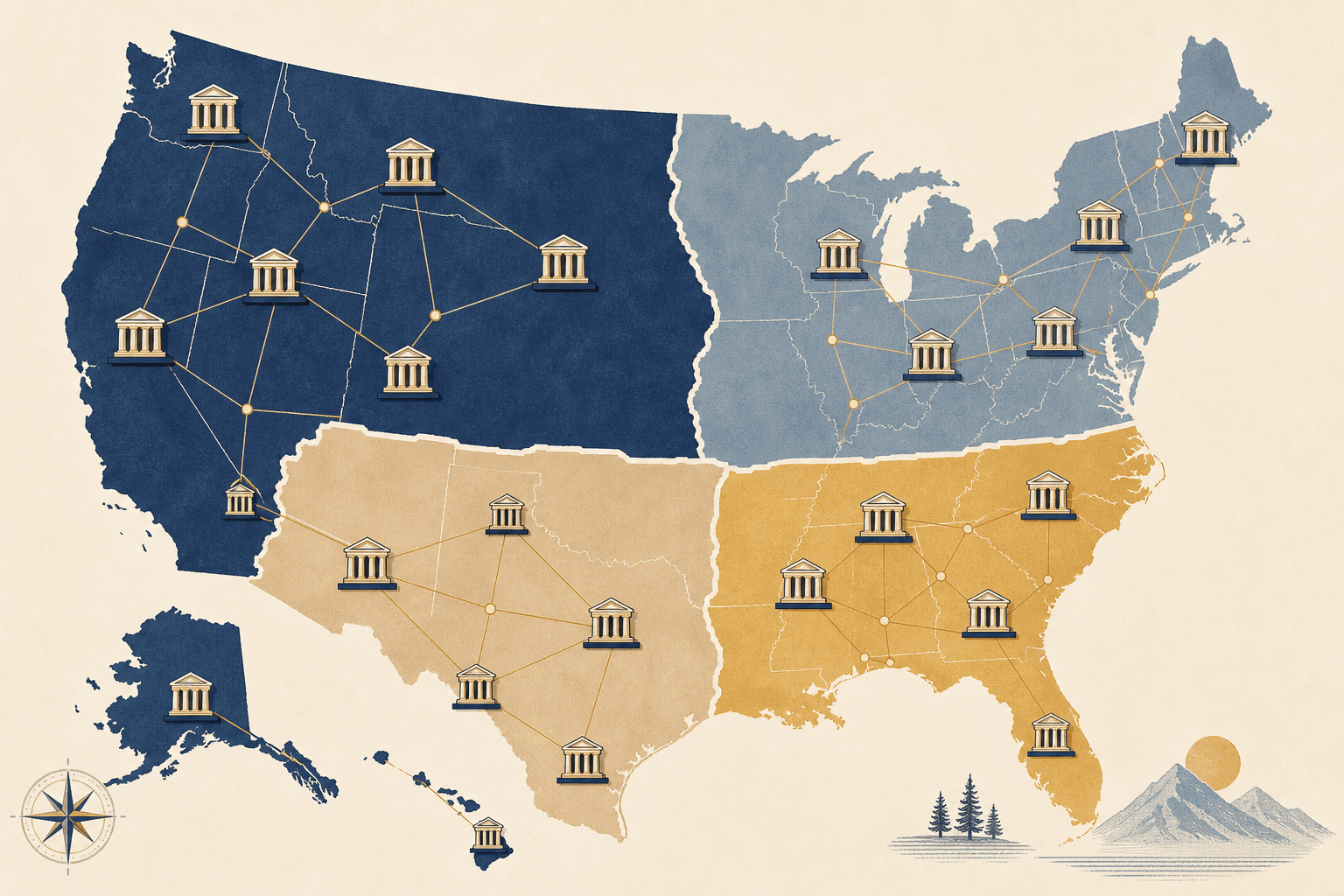 Map of the United States divided into regions with foundation icons representing a state by state list of private foundations