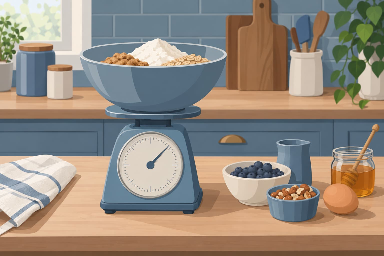 A kitchen scale weighing a bowl of ingredients while a few items sit set aside beside it