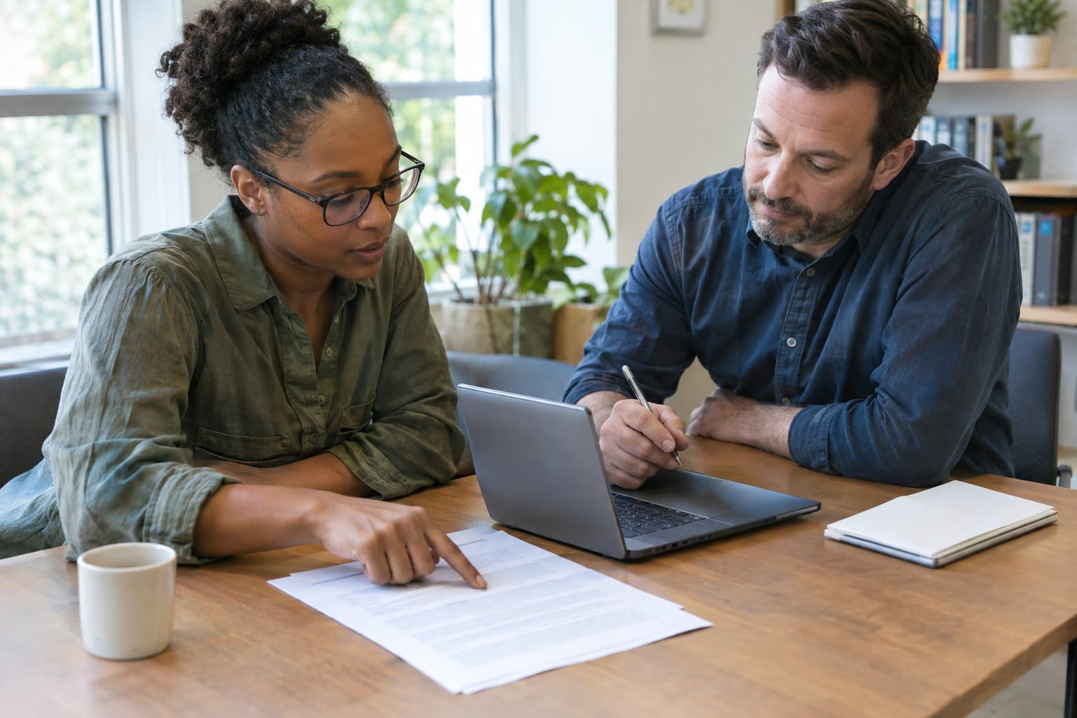 Two staff members at a meeting table with a printed agreement and a laptop, one pointing at a clause