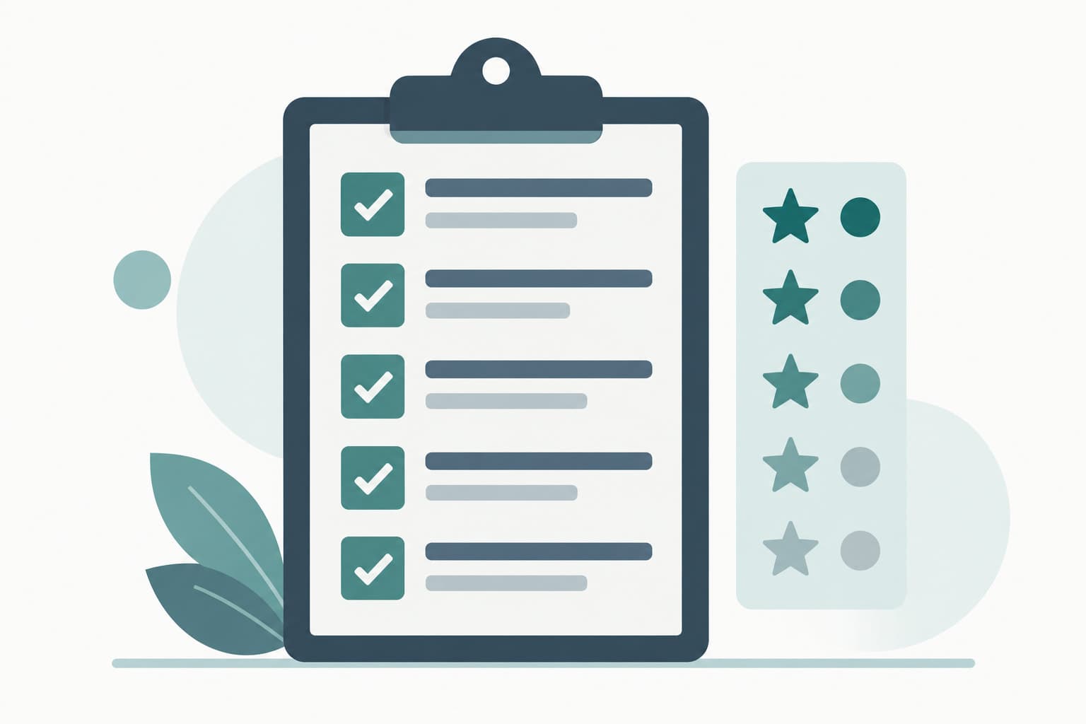 A clipboard with stacked checklist rows and a small rating scale