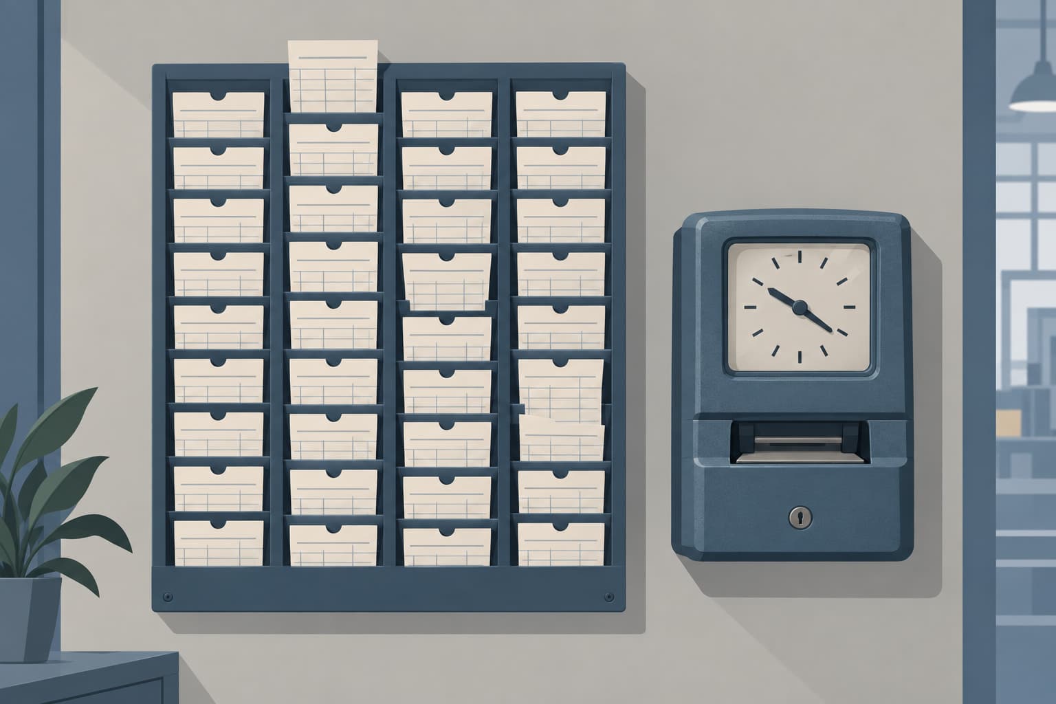 A wall rack of blank time cards beside an old punch clock