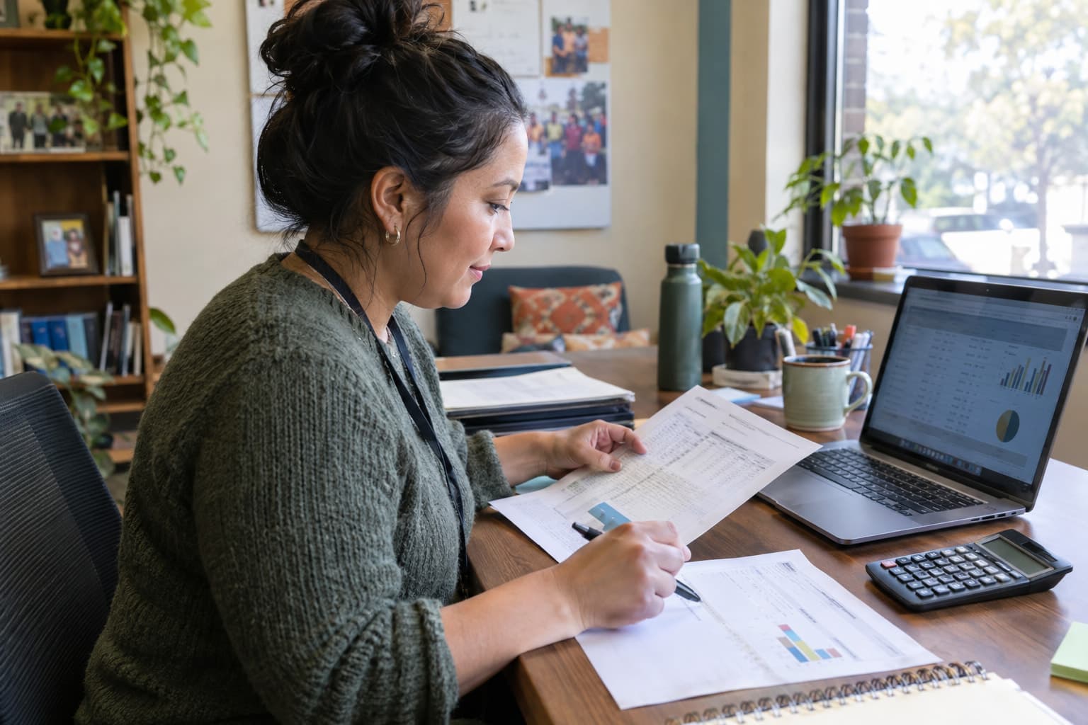 A staff member at a desk comparing a printed worksheet with a laptop, a calculator beside the papers