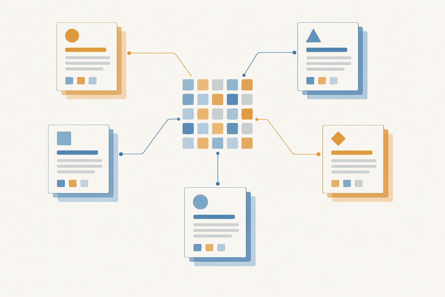 Stacked document cards linked by thin lines to a central grid of small squares