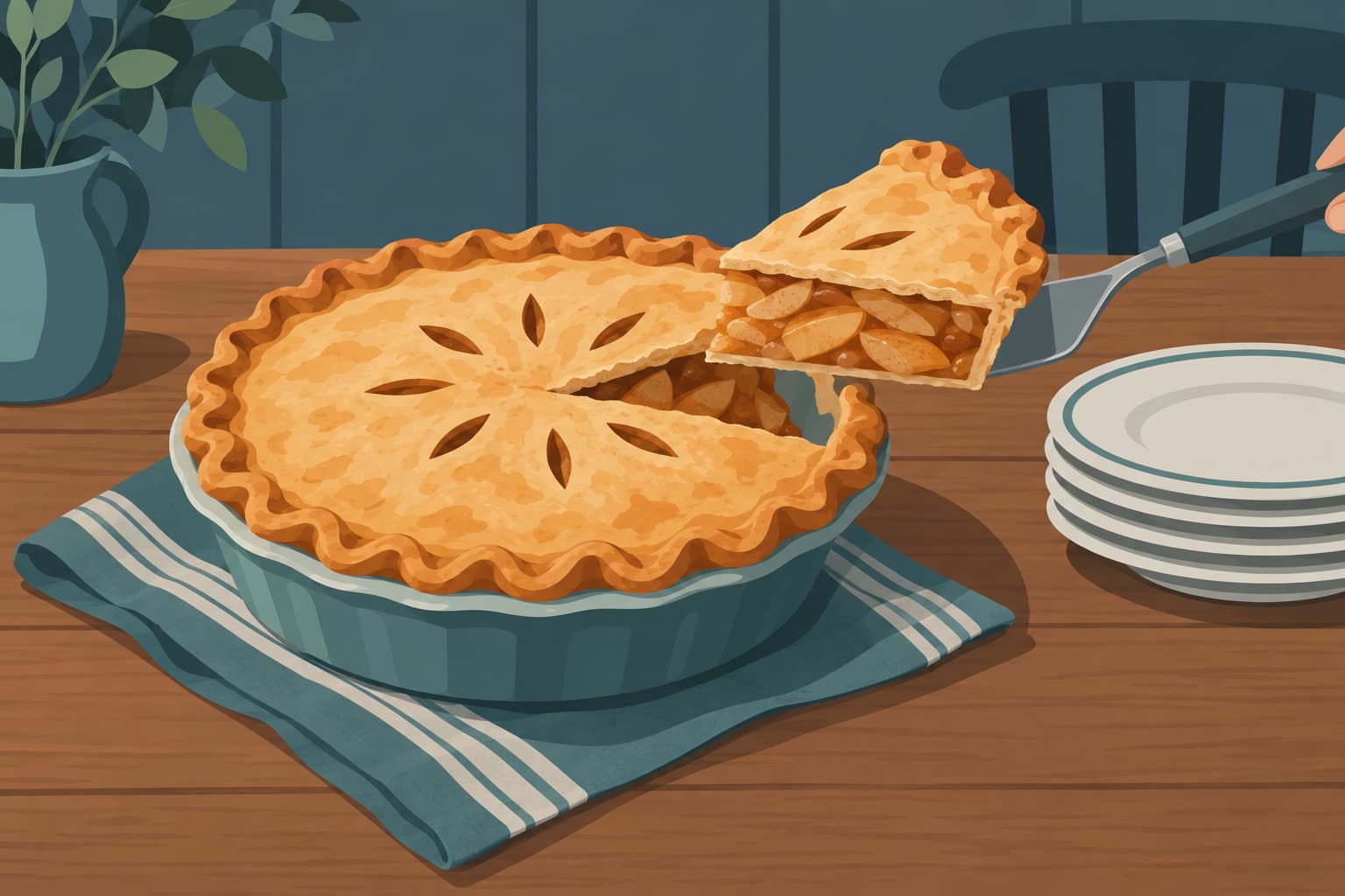 A whole pie on a table with one slice lifted out on a server