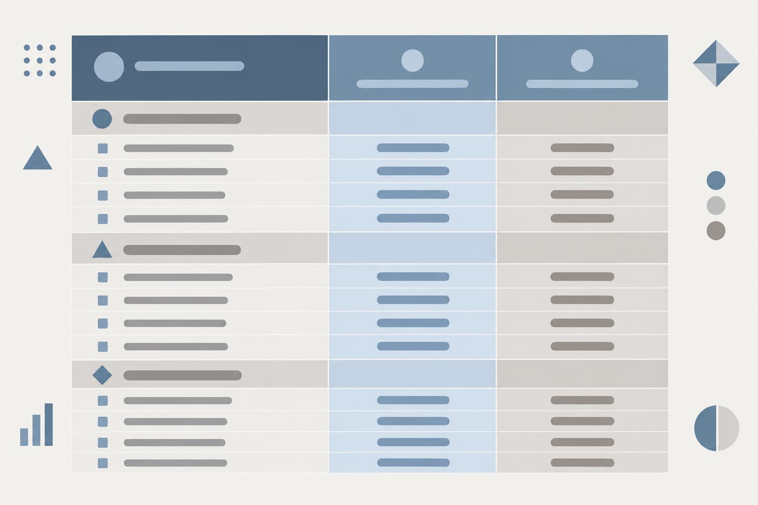 A spreadsheet grid with a header block, stacked rows and two highlighted columns
