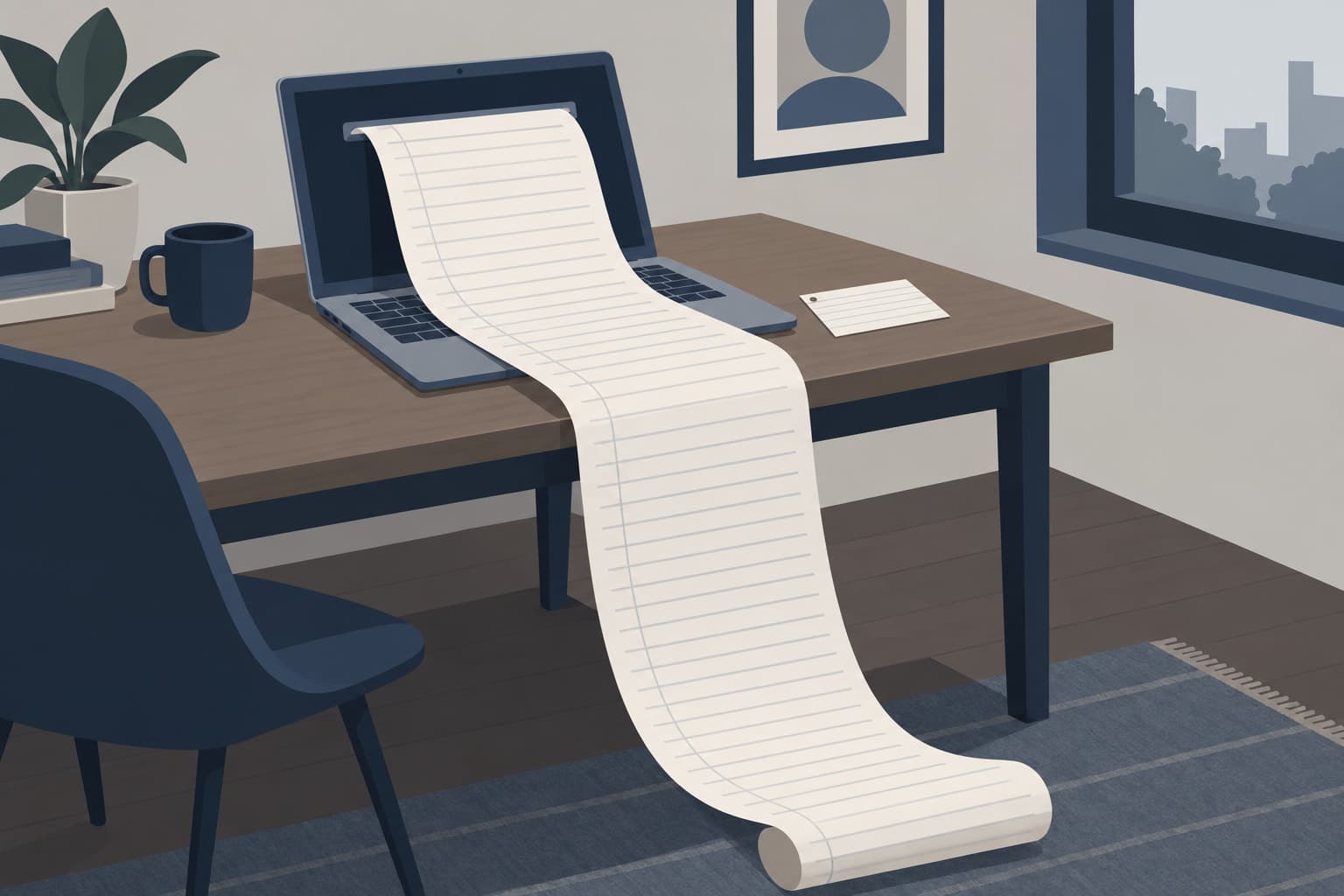 A long paper scroll unrolling out of a laptop screen across a desk and down to the floor