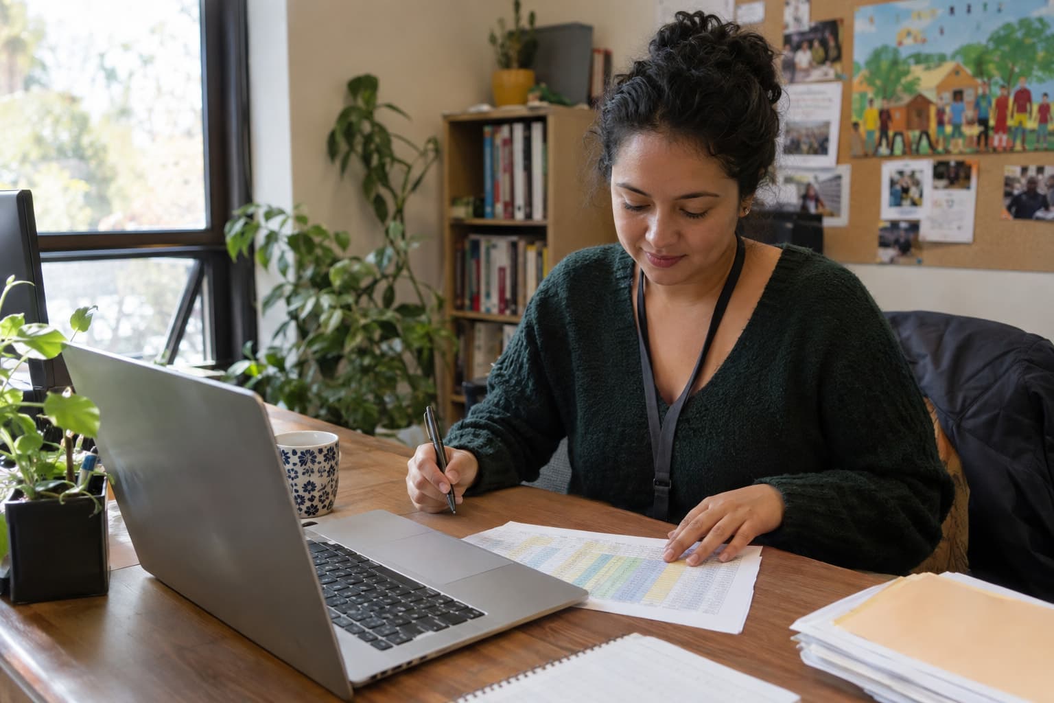 A staff member at a desk with a printed spreadsheet and an open laptop
