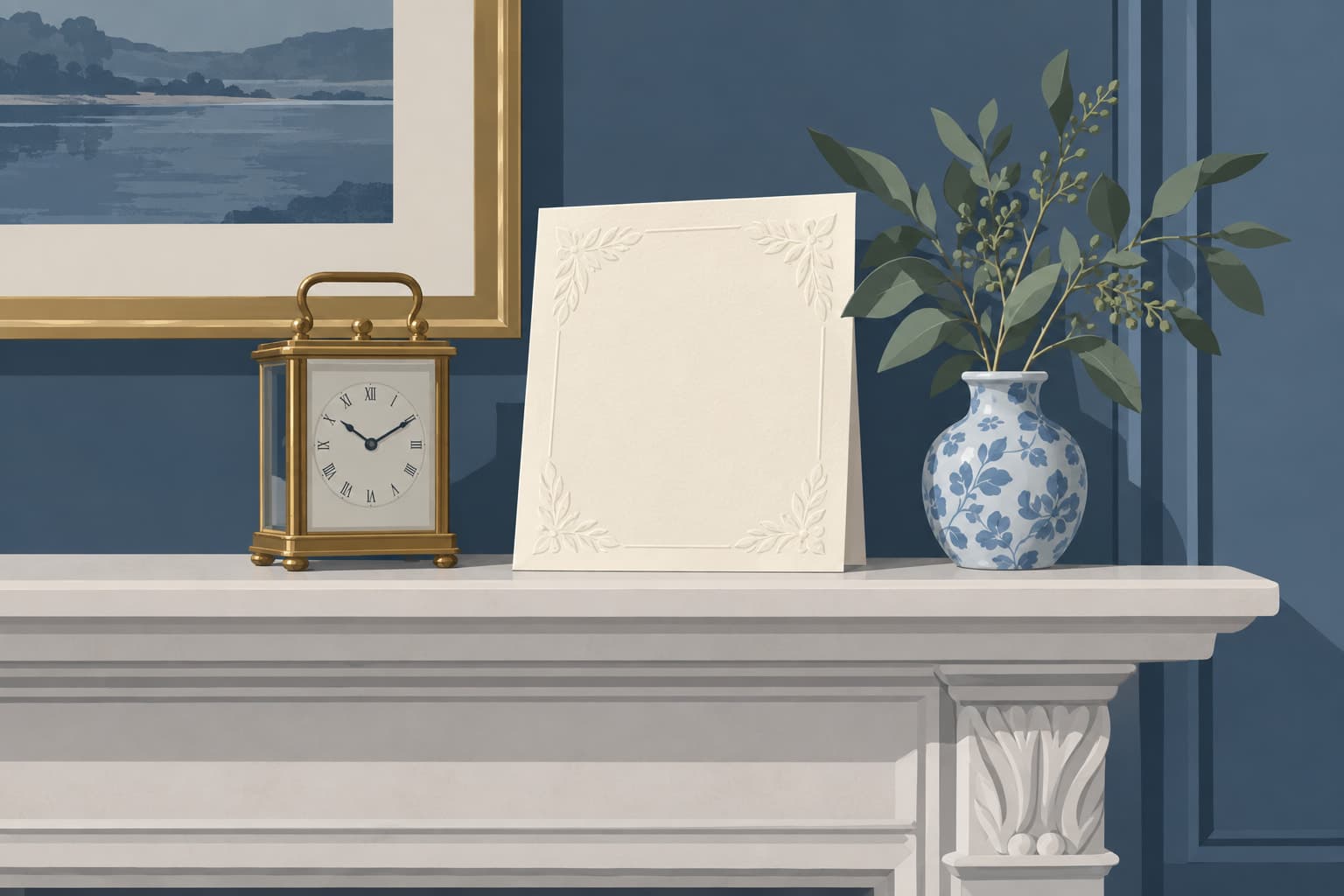 A blank embossed invitation card propped on a mantelpiece beside a small clock