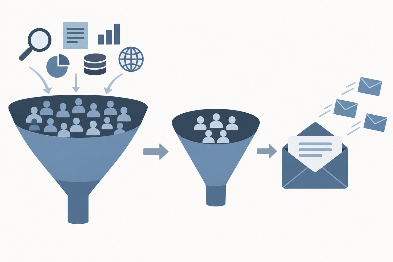 A funnel narrowing from a broad band to a short list to small envelopes