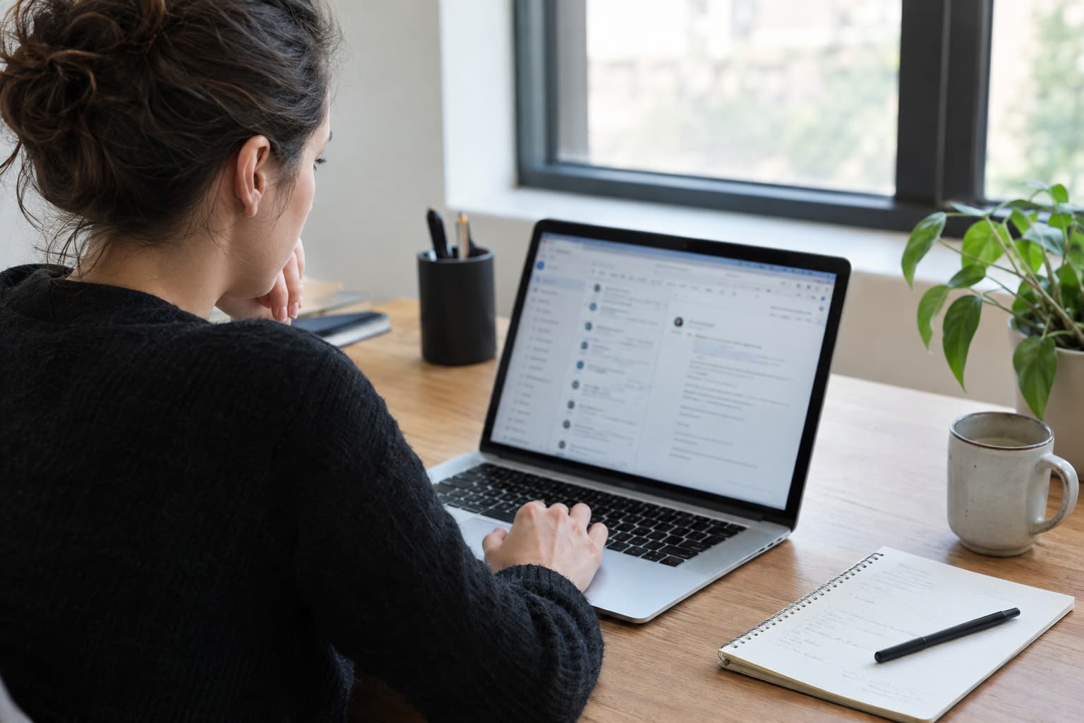 A person at a desk reading on a laptop with a notebook beside it