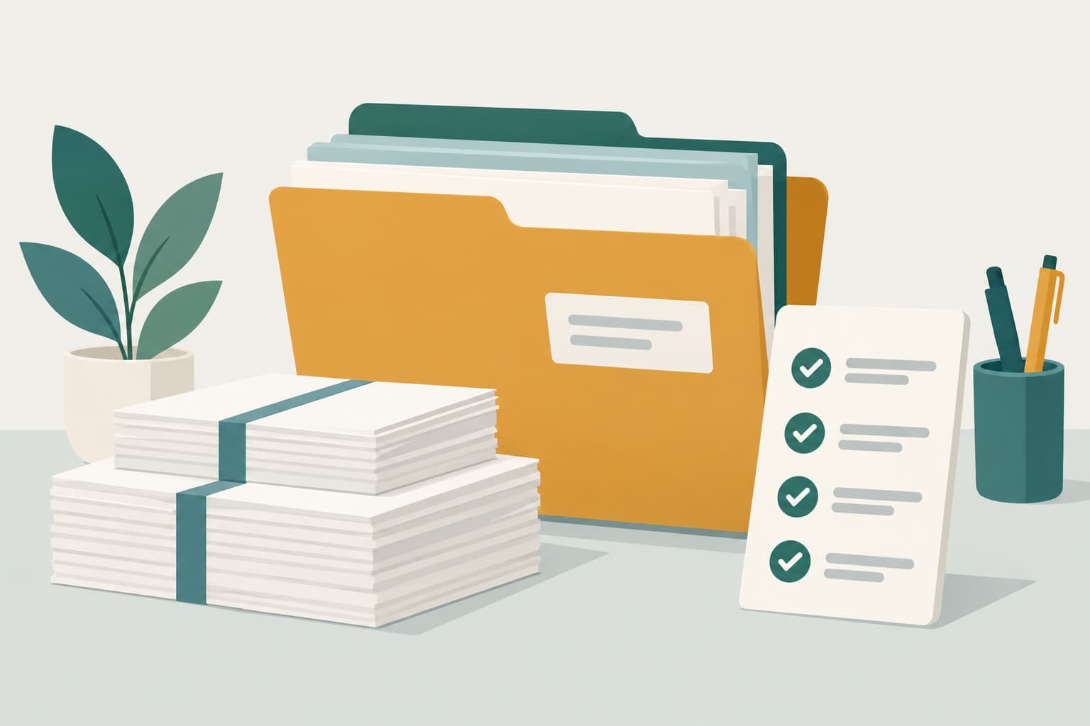 A document folder with neat paper stacks and a checklist card beside it