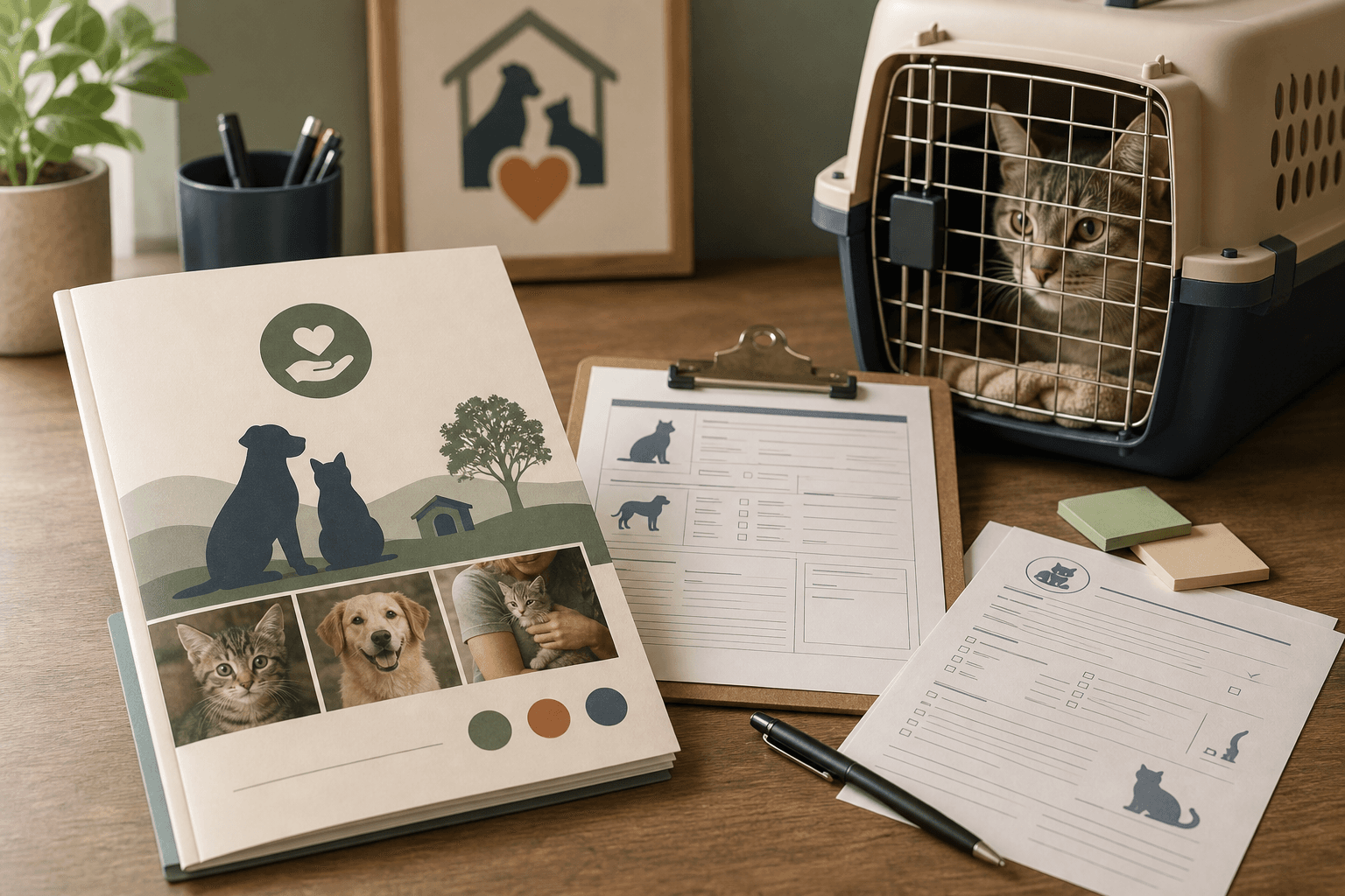 Animal rescue grant proposal laid out beside veterinary intake paperwork