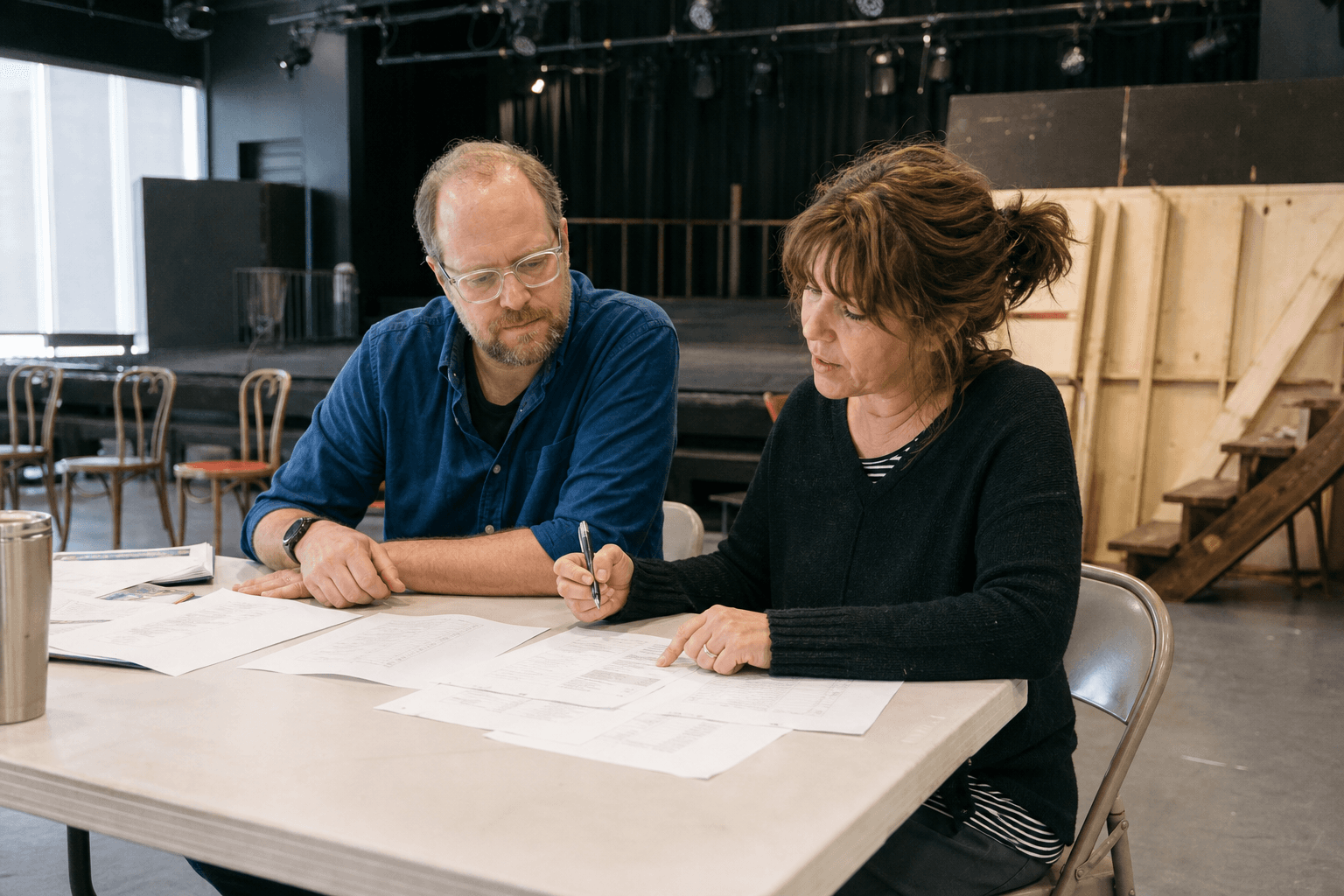 Arts nonprofit staff reviewing a project budget before a grant deadline