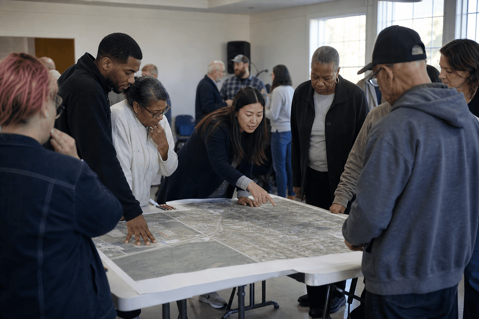 Neighborhood residents and community development staff reviewing a corridor map at a public meeting