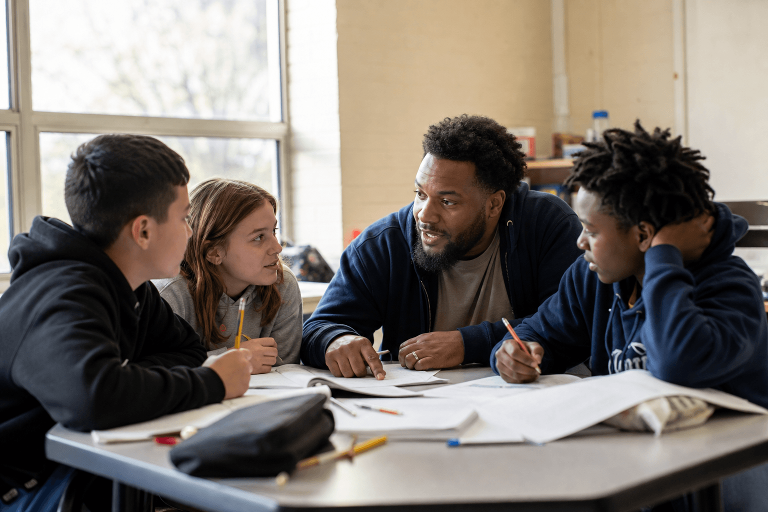 After-school tutor working with middle school students at a table