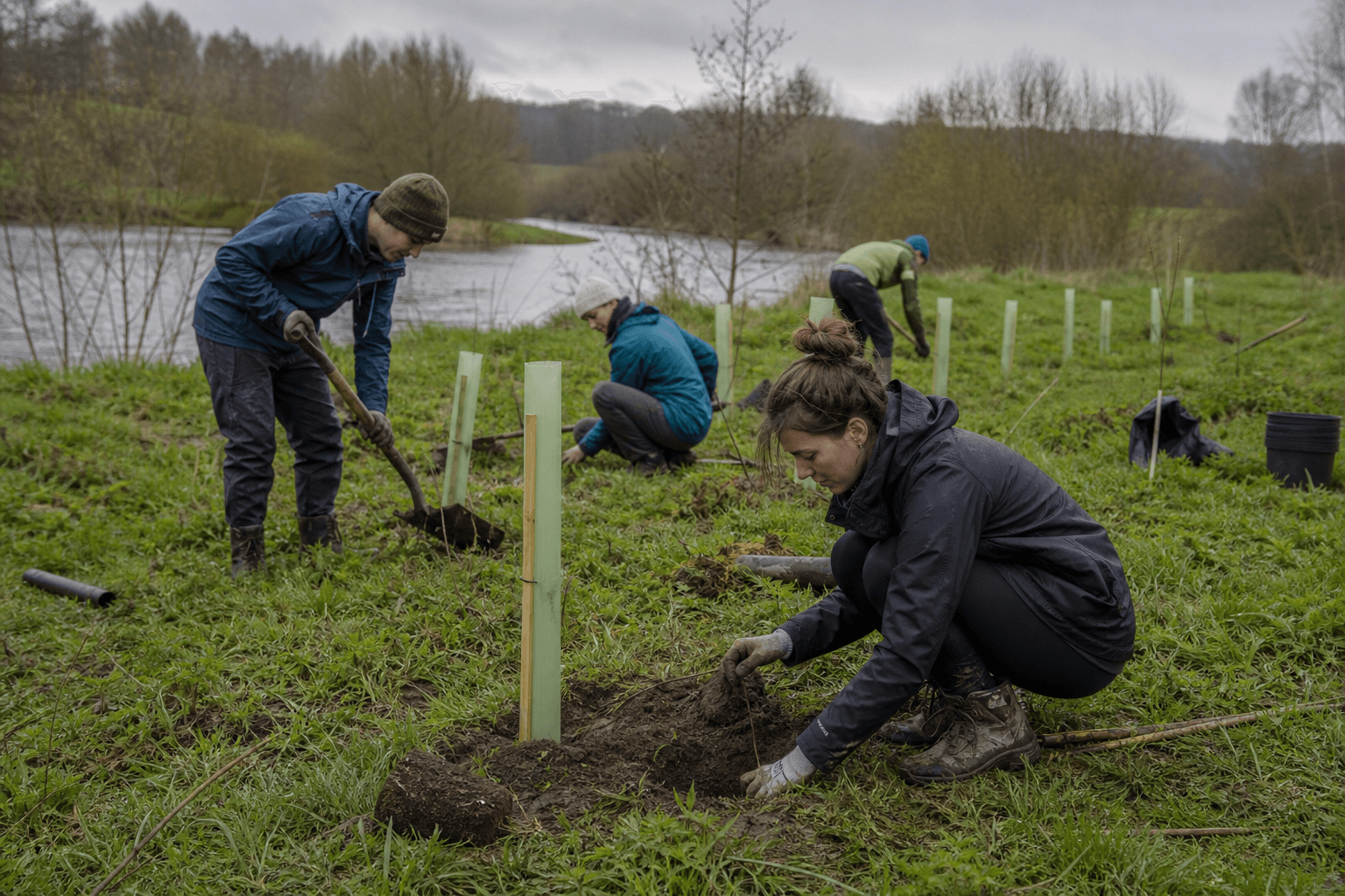 Volunteers planting native trees with shelters along a streambank