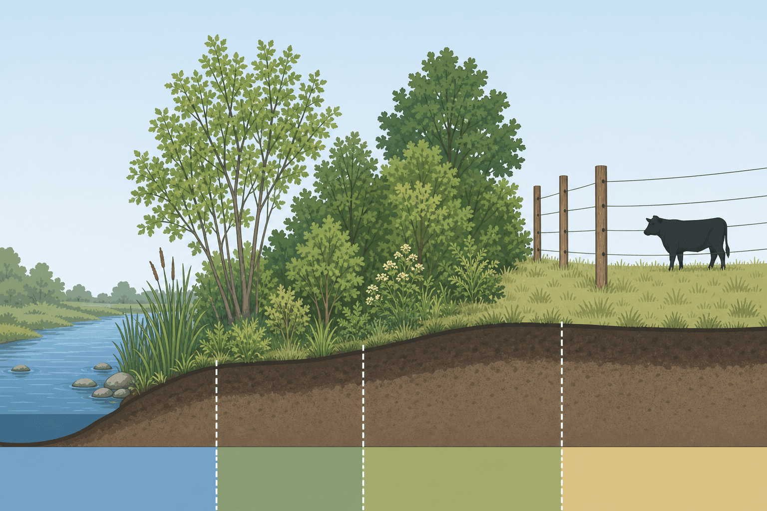 Cross-section diagram of a riparian buffer showing planting zones