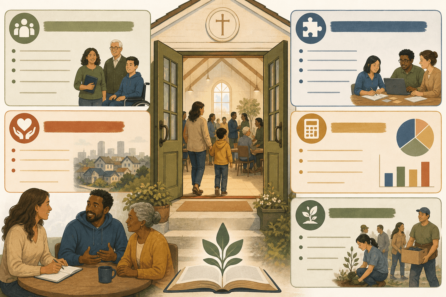 Faith-based grant proposal sections arranged beside a community program binder
