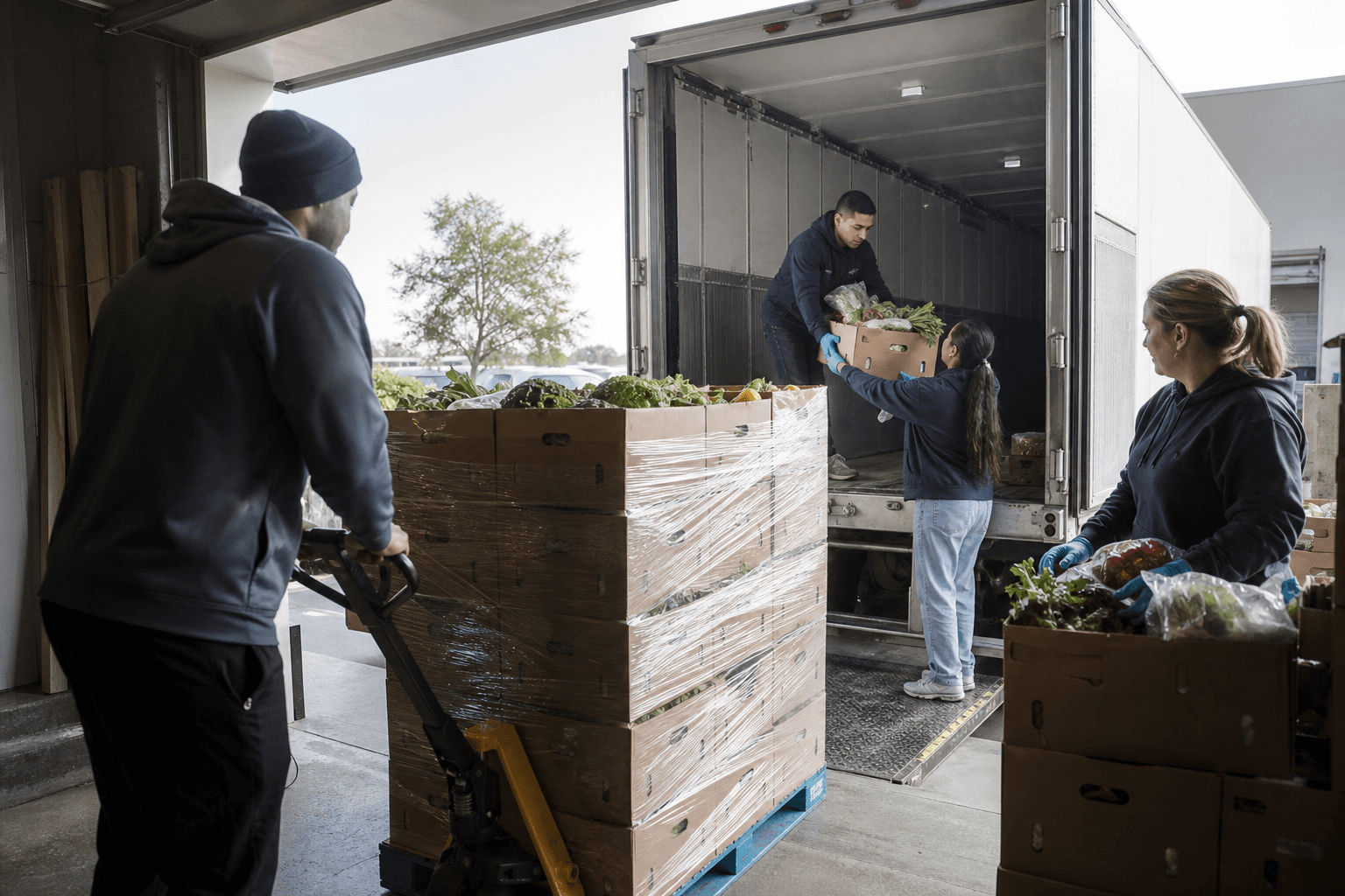 Food bank volunteers loading pallets into a refrigerated truck