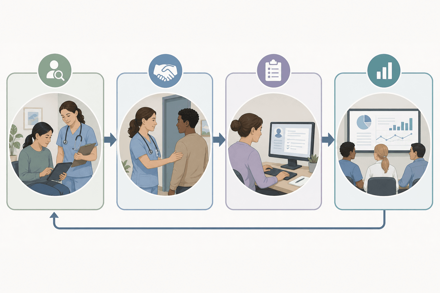 Clinic screening to follow-up workflow used for grant outcome reporting