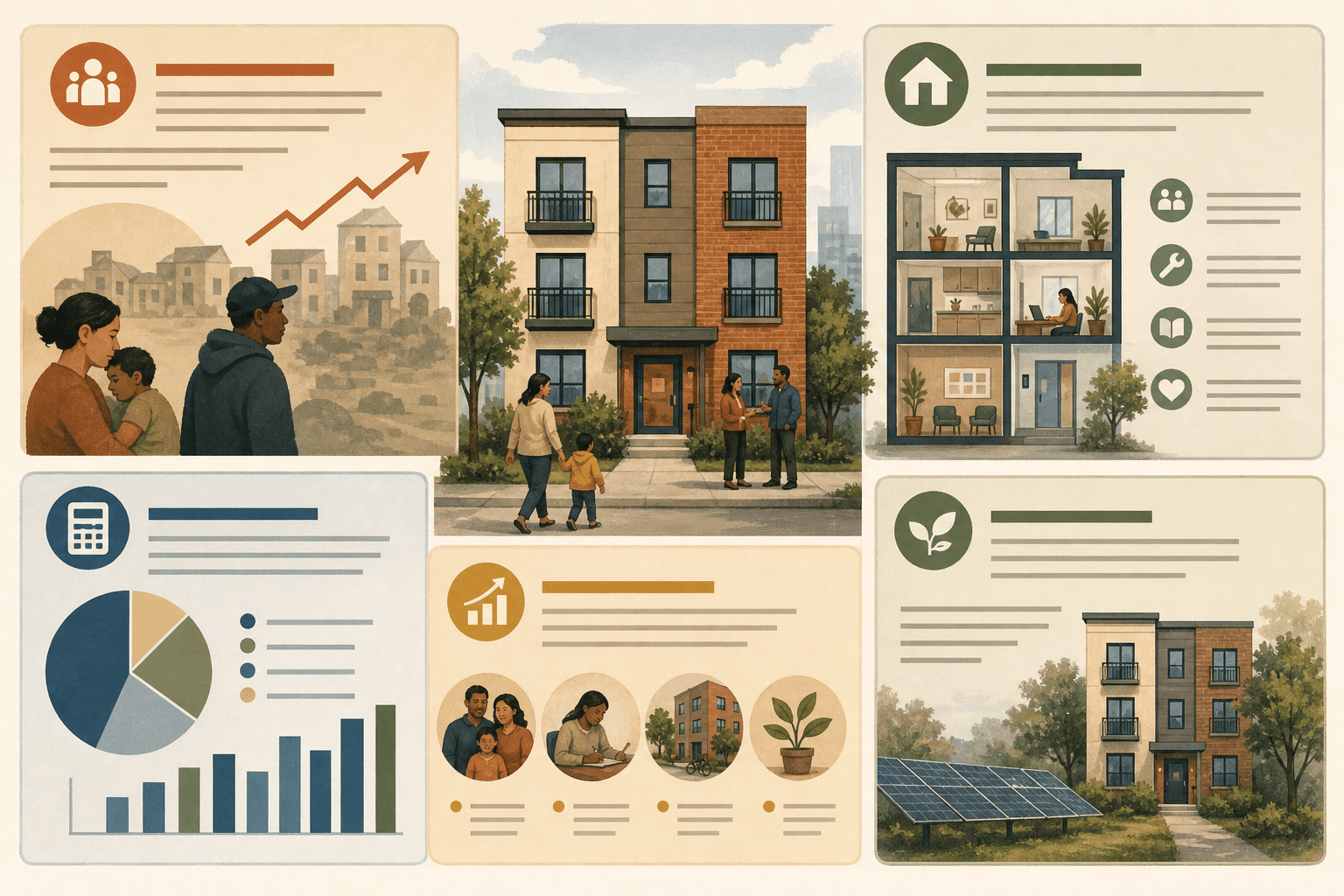 Housing nonprofit grant proposal sections laid out on a desk