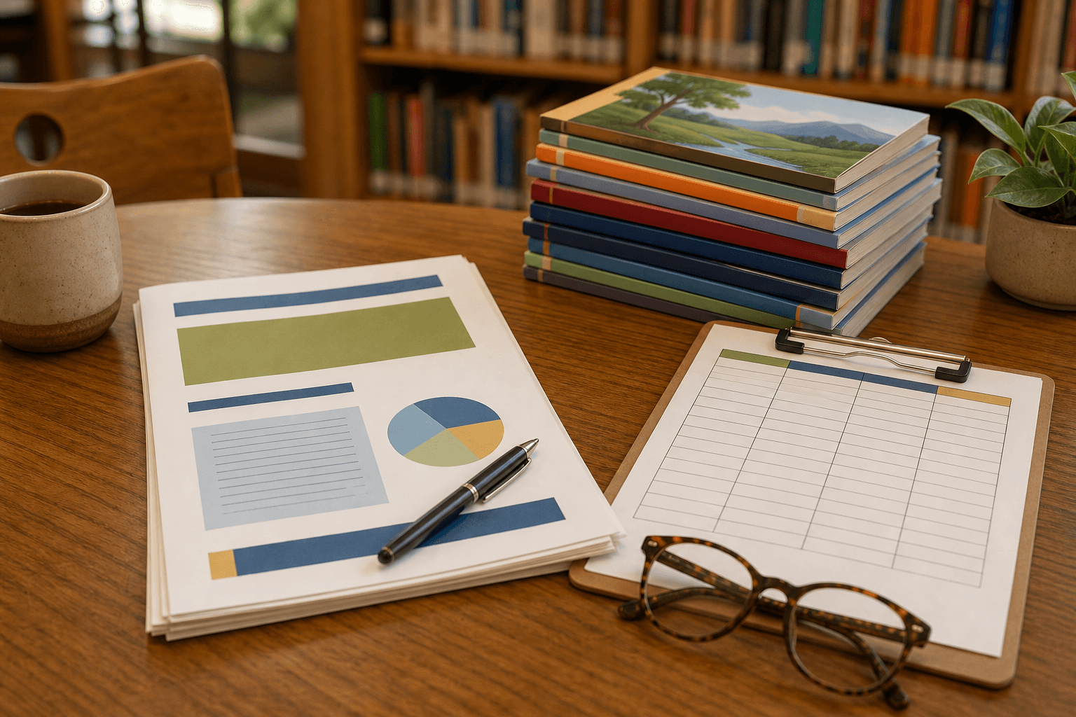 Library literacy grant proposal beside leveled readers and a tutoring sign-in sheet