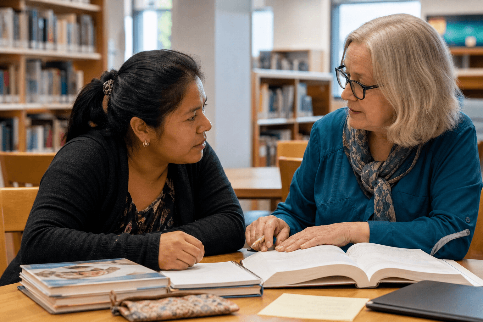 Adult learner working with a volunteer tutor at a public library table