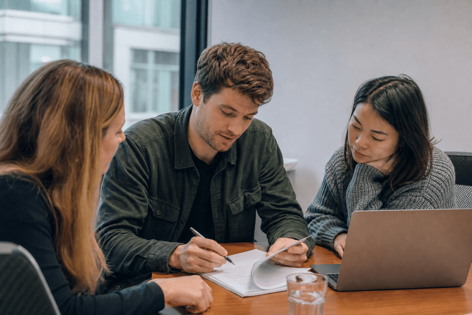 Nonprofit staff reviewing a printed grant proposal draft at a conference table