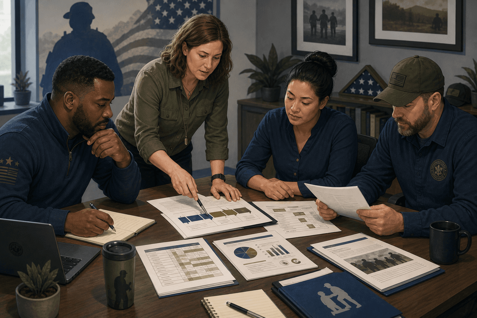 Veterans nonprofit staff preparing a grant proposal for a peer support program