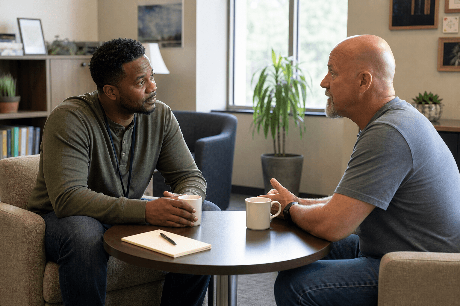 Peer support specialist meeting one on one with a veteran client