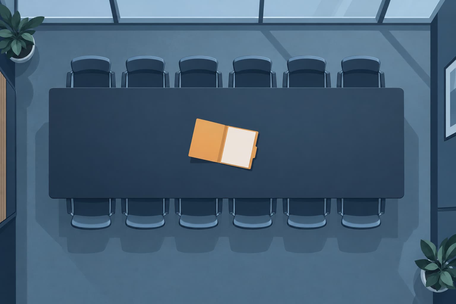 One open folder alone in the middle of a long empty conference table, seen from above