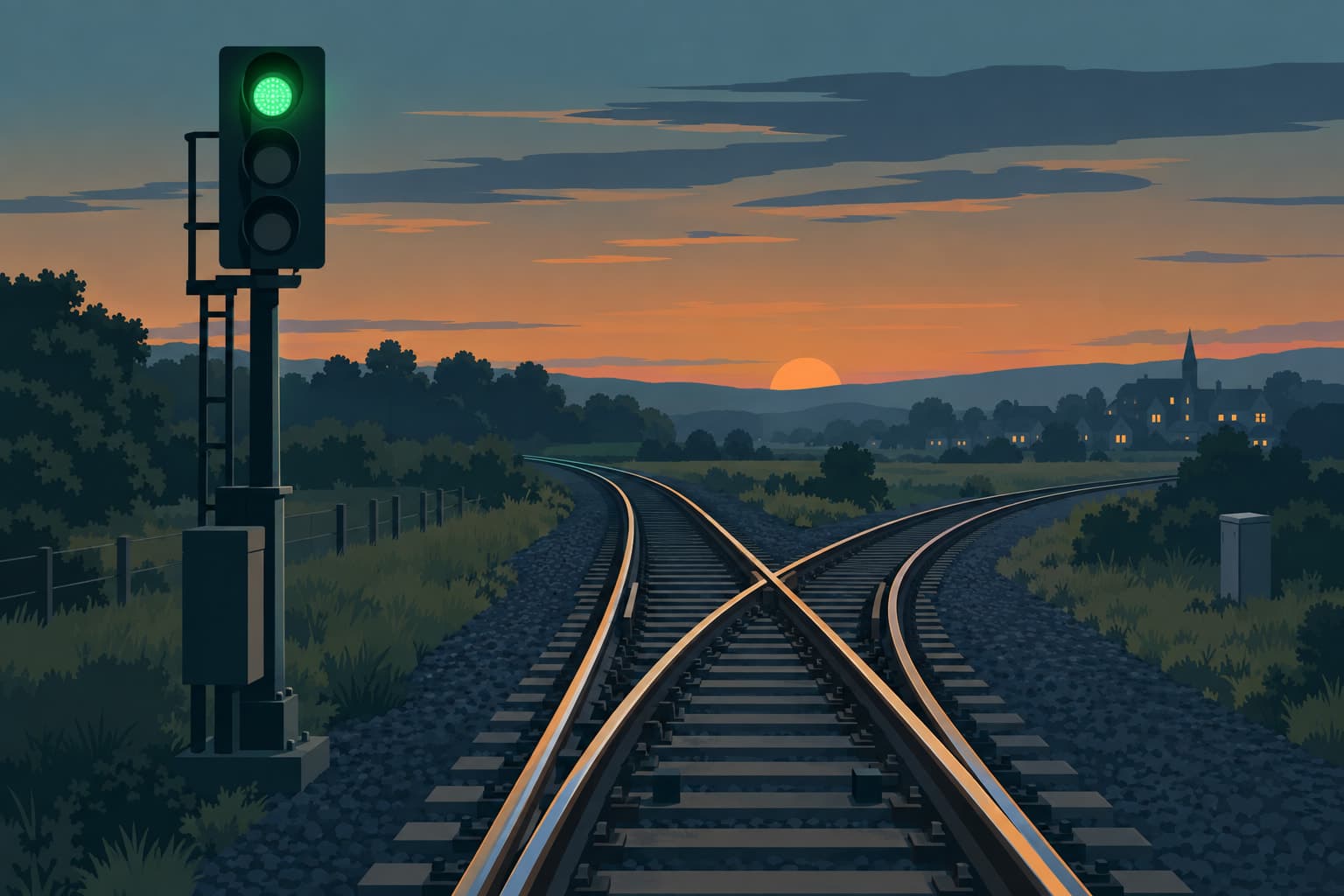 A railway signal glowing green beside a track junction at dusk